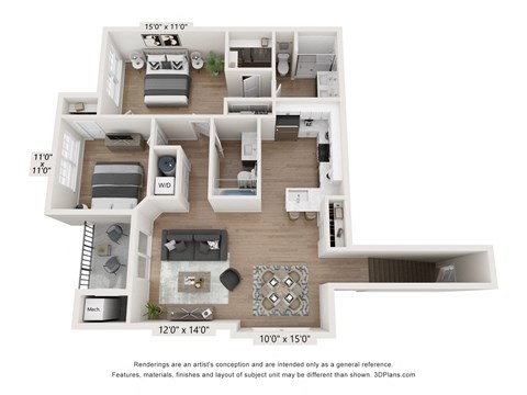 Floor plan for 2 beds, 2 baths, 1215 sqft